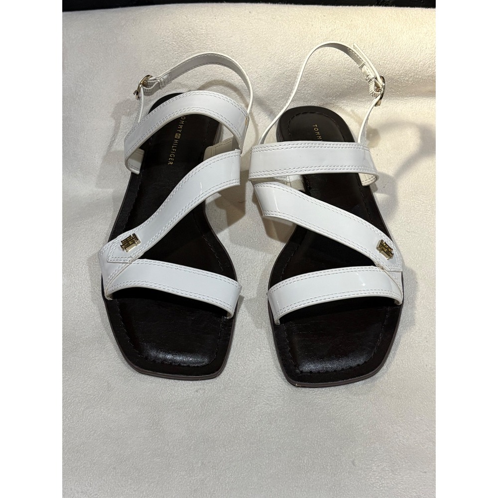 Tommy Hilfiger Sandals Women 7M White JULES Patent Slingback Square Toe Logo